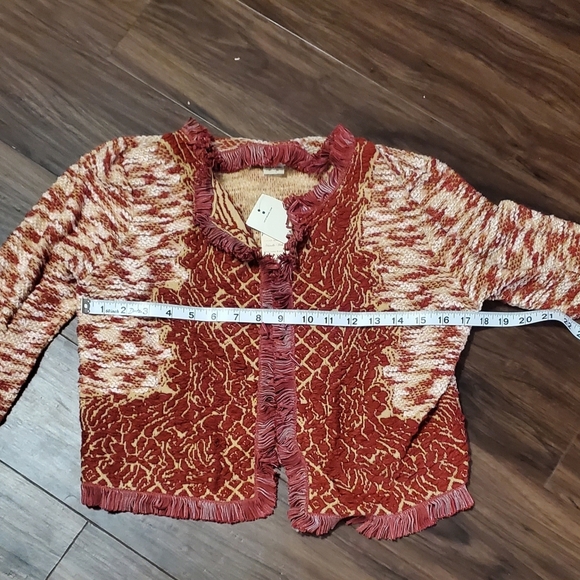 Lucky Brand Red and Cream Marled Pattern Fringe Trim Open Front Cropped Cardigan - Picture 10 of 10